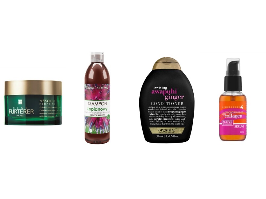 Maska Rene Furterer Absolue Kératine, 230zł/200ml; Szampon łopianowy Barwa Ziołowa, 4zł/200ml; Odżywka Organix z Imbirem Awapuhi, 29,99zł/385ml; Serum Bioelixire, 30zł/50ml